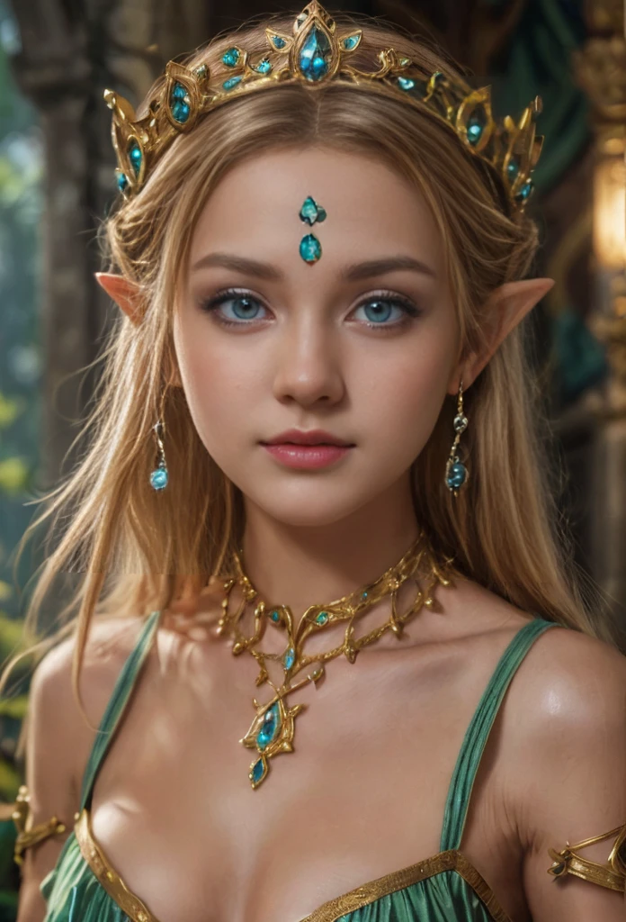 Princes Zelda, blue eyes, (best qualityer, ultra detail), (realisitic:1.37), beautiful and detailed face, ultra-realisitic texture, Exquisite face, Delicate body, red lipgloss stick, shiny colors. High definition, 8k. serious and angry expression