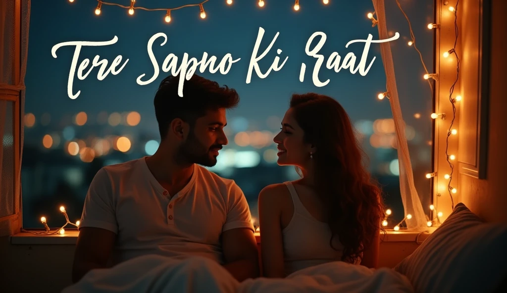 Here's a prompt for creating a thumbnail image for your lofi romantic song:
**Thumbnail Prompt:**
"A dreamy, lofi-inspired thumbnail for a Hindi romantic song. The scene should depict a serene nighttime setting with a young couple sitting on a cozy balcony, surrounded by soft fairy lights. The moonlight bathes the couple in a gentle glow as they gaze lovingly at each other. The background features blurred, twinkling city lights in warm tones. The text 'Tere Sapno Ki Raat' should be elegantly displayed in a stylish, cursive font, with a subtle heart icon beside it. The overall mood is warm, nostalgic, and heart-touching, with a soft, vintage filter enhancing the romantic atmosphere."