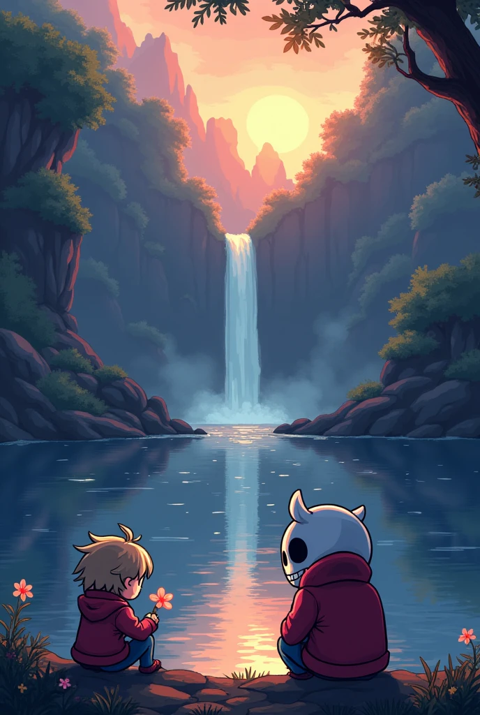 Undertale waterfall pixel art with sans form undertale sitting by a lake with frisk form undertale
