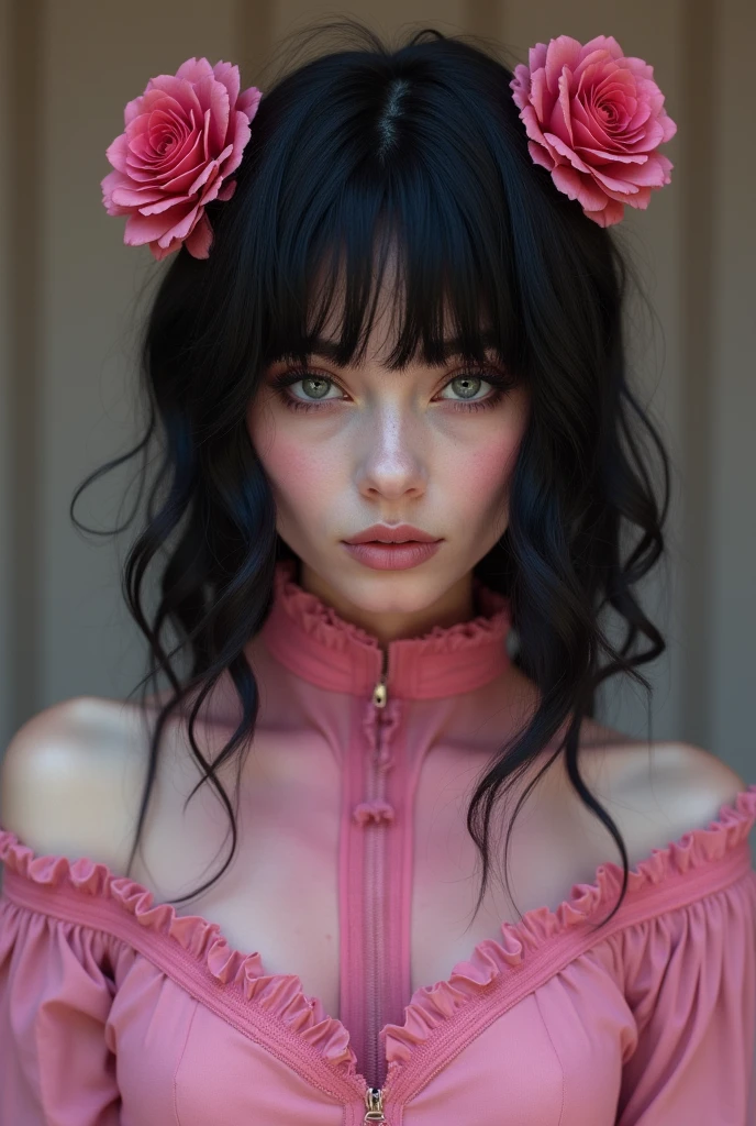 a woman with black hair in a pink dress, (finely detailed skin), pale skin, beautiful epic composition, futuristic, masterpiece, sensual, appealing, posing for a photo, soft light 4k,(masterpiece), best quality, expressive eyes, perfect face, body of fusion, showcases a surreal, sorcery, metamorphosis, and the occult, depicting fantastical creatures and haunting , centered, highly detailed, extremely detailed, delicate detail, crisp quality, ultra realistic, hyperrealistic, surrealism, dark art,