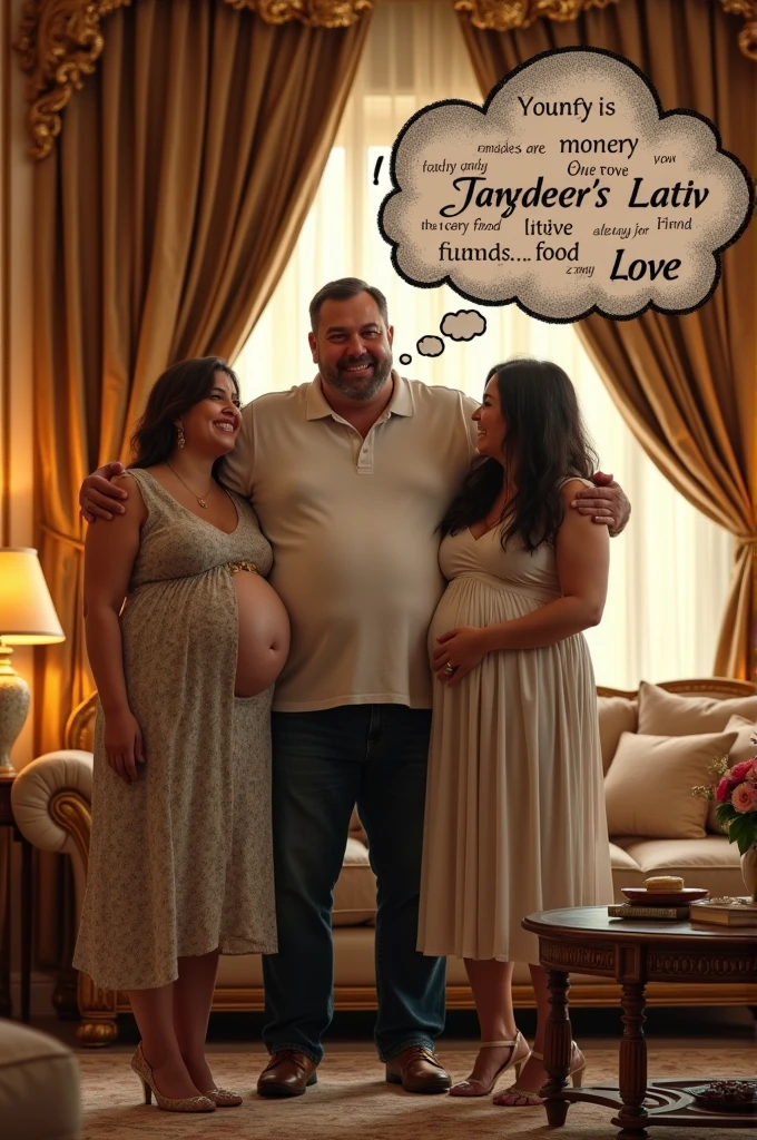 A family of 5, a mom dad, son and daughter in law, daughter but draw the daughter away from them. They are happy and rich with big bellies and gold. She is unhappy with unruly hair and starving. Add a bubble cloud around the daughter asking for money food and love.