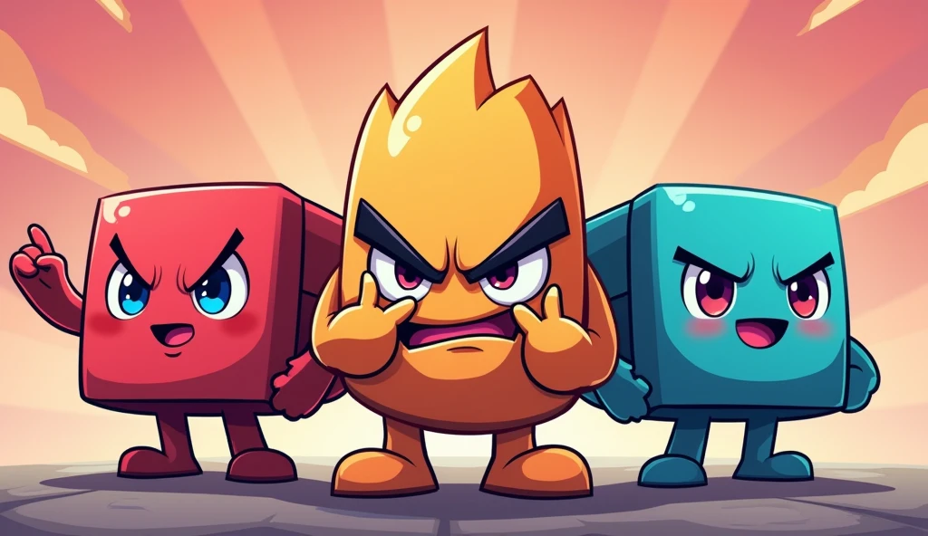 Create an anime-style image featuring three distinct apps in a dramatic and badass pose. The 'Blurrr' app is at the center, striking a confident pose with one finger on its lips, commanding the other two apps, 'CapCut' and 'Alight Motion,' to be silent. The faces of the apps should be depicted as simple squares or circles so that their logos can be easily placed. Use a simple gradient background to complement the scene