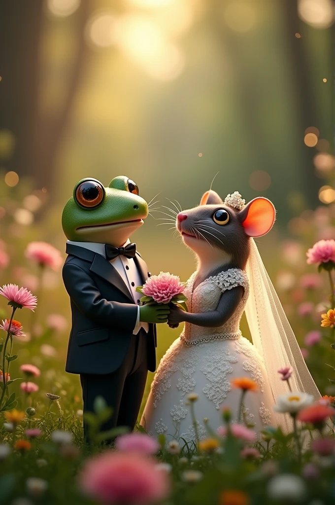 A frog groom getting married to a rat bride