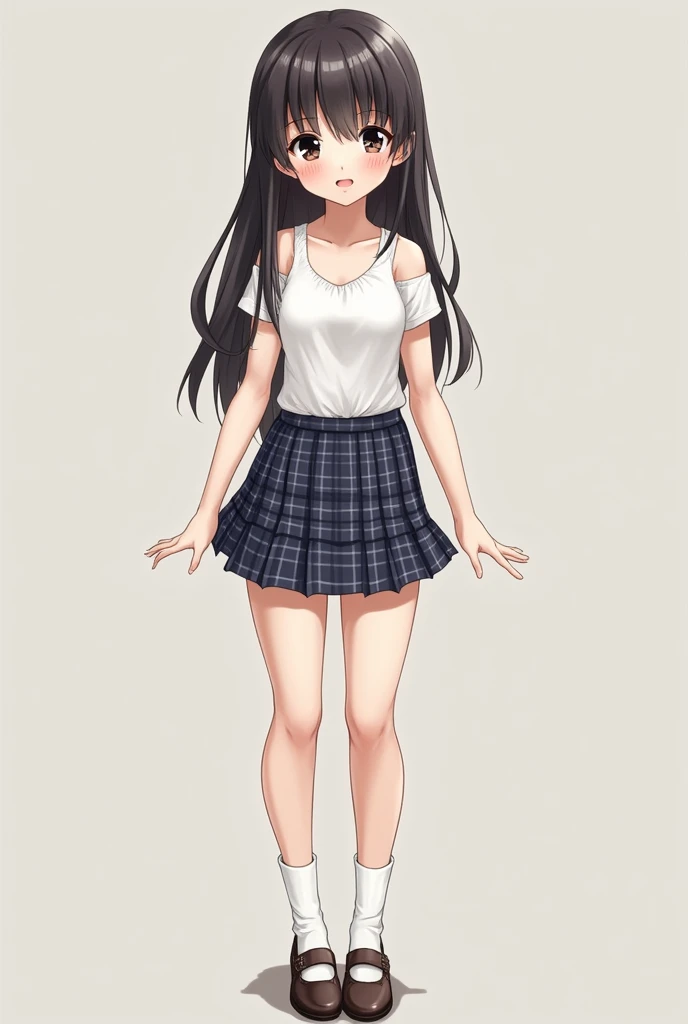 (RAW photo, highest quality, masterpiece: 1.2), (photo: 1.4), 1girl, solo, whole body, shoes, cute Japanese face, ((9 years old face, baby face with mature body)), (((super gigantic)) chest, cleavage), (uniform, short sleeve, super short plaid skirt, miniskirt, thicc thighs, slender legs, white socks, tank top), standing pose, full body shot, line of sight (smile)