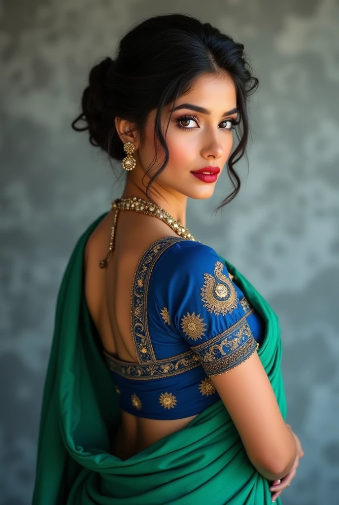 perfect pink eyes, fantastic face, Indian, beautiful look, ((red lips, bright eyes, curve heir 1.5)), ((beautiful details very big breast )), (Straight round and ultra huge clevage, not sagging breast), A glorious gorgeous, glorious gorgeous face, pretty face, bright eyes, detailed elegant printed Blue blouse green saree, updo elegant hair, blurred gray tones background, ultra focus, face ilumined, face detailed, 8k resolution, painted, dry brush, brush strokes, razumov style and garmash style, by Tokaito,  ((Full Open ))((, pillows, bedsheet))((green pyjamas shorts, red tshirt))((looking back, backside, POV from back)) round buttocks,