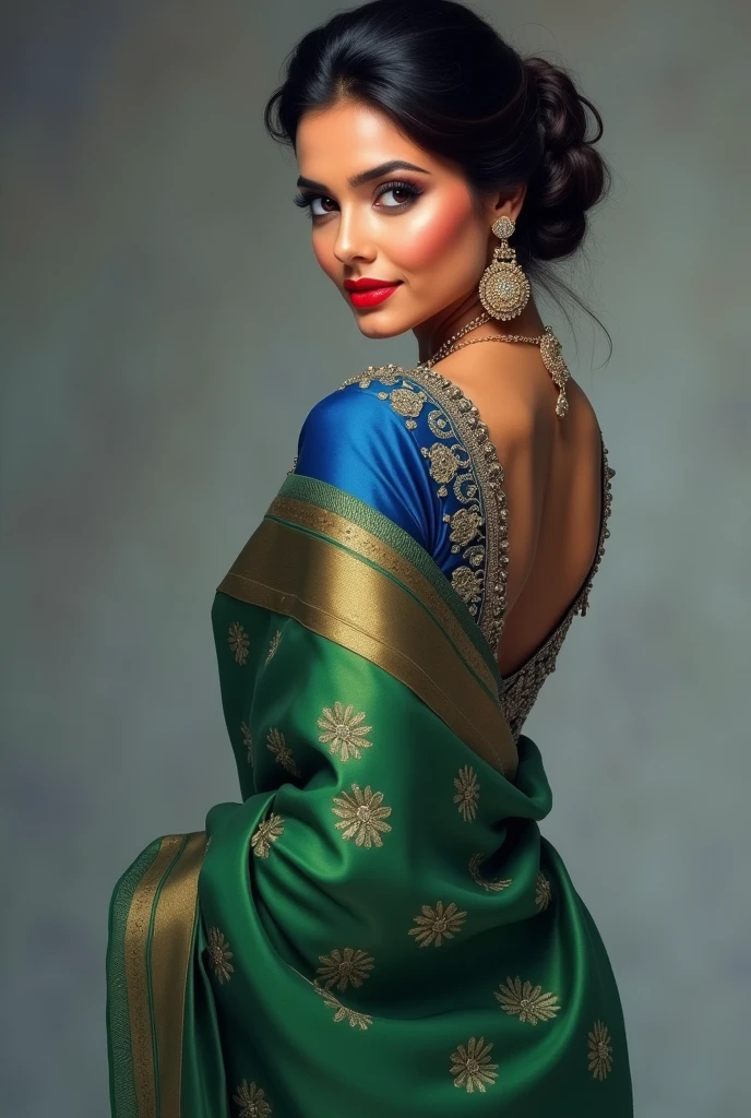 perfect pink eyes, fantastic face, Indian, beautiful look, ((red lips, bright eyes, curve heir 1.5)), ((beautiful details very big breast )), (Straight round and ultra huge clevage, not sagging breast), A glorious gorgeous, glorious gorgeous face, pretty face, bright eyes, detailed elegant printed Blue blouse green saree, updo elegant hair, blurred gray tones background, ultra focus, face ilumined, face detailed, 8k resolution, painted, dry brush, brush strokes, razumov style and garmash style, by Tokaito, ((Full Open ))((, pillows, bedsheet))((green pyjamas shorts, red tshirt))((looking back, backside, POV from back)) round buttocks,