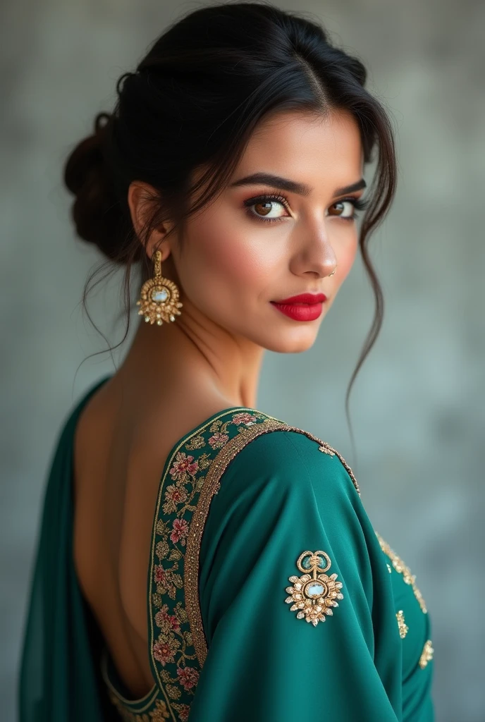 perfect pink eyes, fantastic face, Indian, beautiful look, ((red lips, bright eyes, curve heir 1.5)), ((beautiful details very big breast )), (Straight round and ultra huge clevage, not sagging breast), A glorious gorgeous, glorious gorgeous face, pretty face, bright eyes, detailed elegant printed Blue blouse green saree, updo elegant hair, blurred gray tones background, ultra focus, face ilumined, face detailed, 8k resolution, painted, dry brush, brush strokes, razumov style and garmash style, by Tokaito, ((Full Open ))((, pillows, bedsheet))((green pyjamas shorts, red tshirt))((looking back, backside, POV from back)) round buttocks,