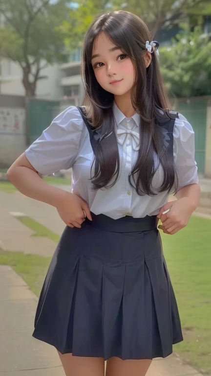 arafed girl in a skirt posing for a picture, with lovely look, candid picture, wearing skirt, dressed in long fluent skirt, wearing school uniform, with cute - fine - face, dressed with long fluent clothes, candid photo, with a cool pose, girl wearing uniform, actress, white shirt and grey skirt, she is about