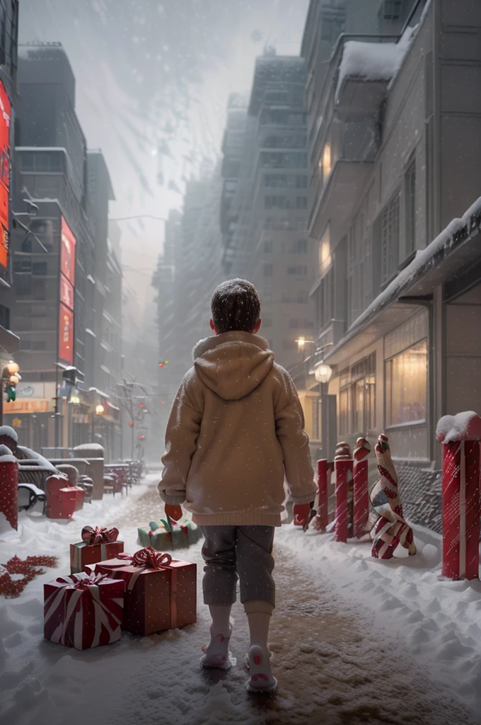 (very sharp photo result, hyper realistic photo) (Best Quality), (masterpiece), (Ultra-detailed CG),(magical ) cinematic look, desaturated film color, soft grain, heavy snow fall on foreground, on the evening heavy winter scenery, there is a happy kid wearing christmas sweater, short pants and sneaker with white socks, running on the snow hold many big presents with his hands, his face is so expressive, theres some of the gifts & candy fall & scattered behind him, background on haze is christmas moment in big metropolis city boulevard of snow scenery, dramatic photography & shadow light