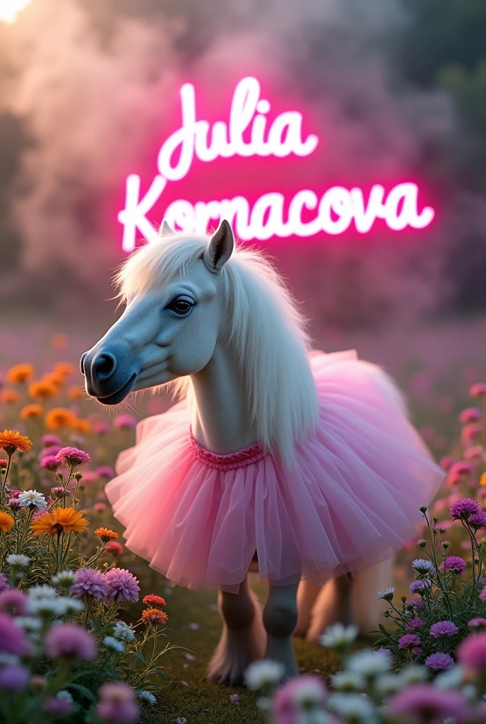 A beautiful white fluffy pony in a delicate pink dress holds a tablet in the background with many delicate flowers and neon letters clearly saying Julia Kornacova, with lots of smoke.
