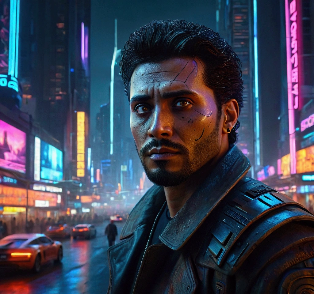 (((ultra realistic))) Photo, masterpiece, top quality, (Ultra detailed face and eyes), 1 man, a lone gunman in a futuristic cyberpunk city, detailed cinematic lighting, dramatic atmosphere, dark sinister cityscape, neon glowing lights, high tech skyscrapers, moody colors, cinematic composition, hyper-realistic, ultra-detailed, 8k, photorealistic, award winning artwork, masterpiece, 