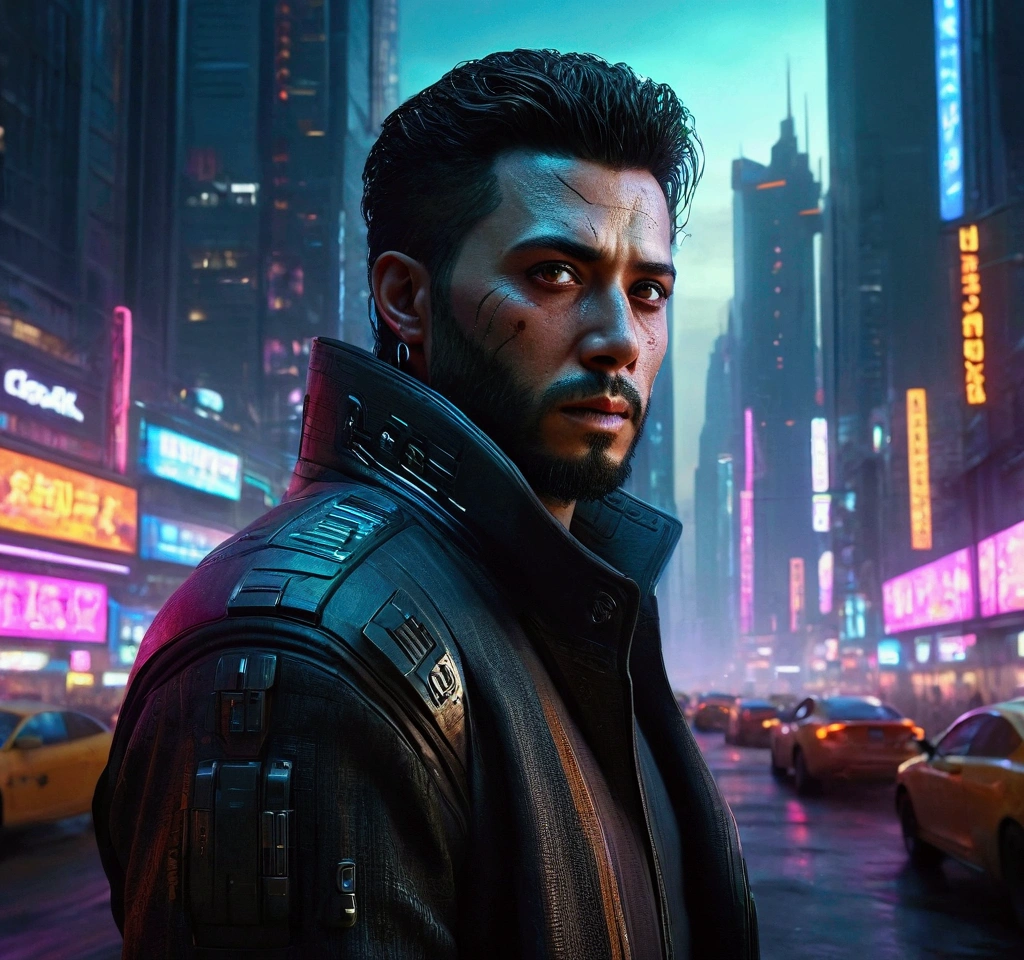 (((ultra realistic))) Photo, masterpiece, top quality, (Ultra detailed face and eyes), 1 man, a lone gunman in a futuristic cyberpunk city, detailed cinematic lighting, dramatic atmosphere, dark sinister cityscape, neon glowing lights, high tech skyscrapers, moody colors, cinematic composition, hyper-realistic, ultra-detailed, 8k, photorealistic, award winning artwork, masterpiece, 