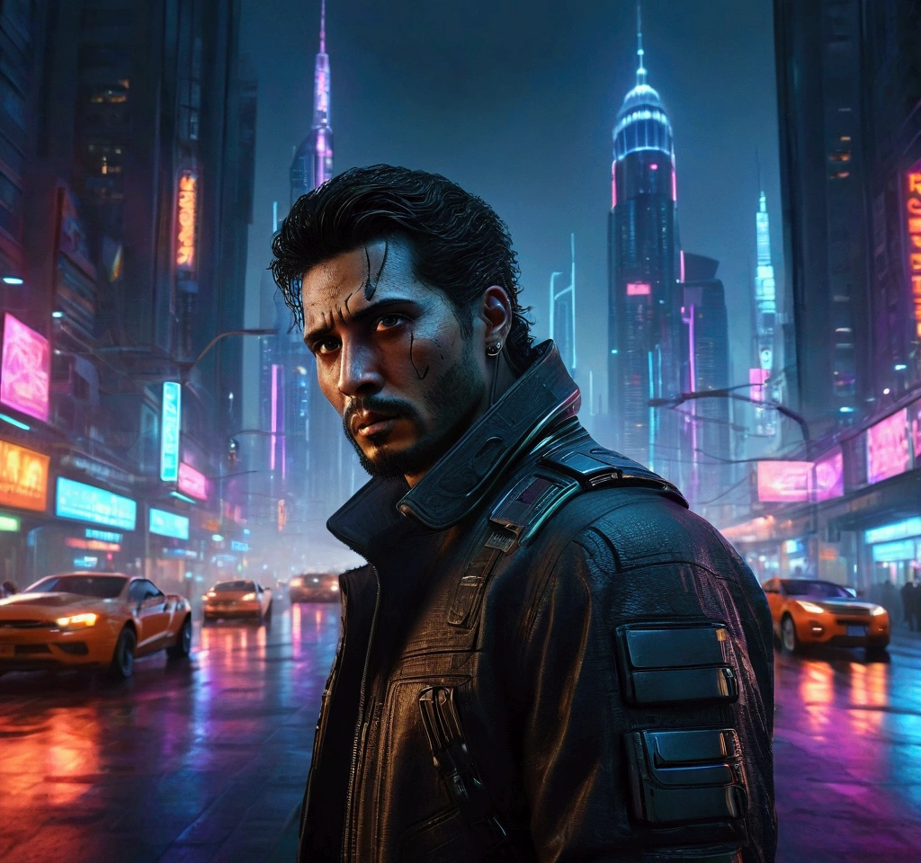 (((ultra realistic))) Photo, masterpiece, top quality, (Ultra detailed face and eyes), 1 man, a lone gunman in a futuristic cyberpunk city, detailed cinematic lighting, dramatic atmosphere, dark sinister cityscape, neon glowing lights, high tech skyscrapers, moody colors, cinematic composition, hyper-realistic, ultra-detailed, 8k, photorealistic, award winning artwork, masterpiece, 