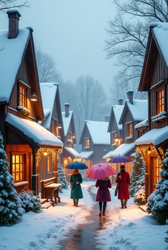winter village with rain fall