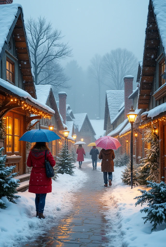 winter village with rain fall