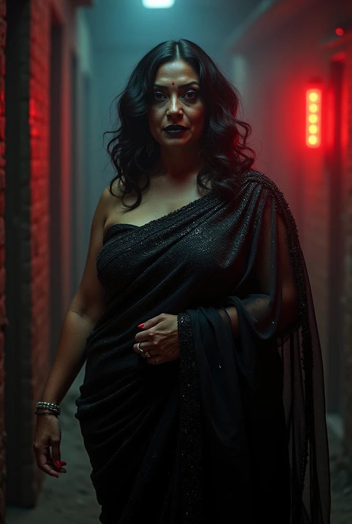 Looks like Aparna Dixit, full body Closeup shot, Big chubby aunty, milf, cougar lady witch, horny Gothic milf, 70 years old gorgeous mature lady, pervert demoness, demoness of lust, curvy, black lips, horny face, extremely gorgeous, thick figure, heavy physique, voluptuous, curvy, sexy figure, Fashionable portrait of androgynous alien looking witch wearing veil, glowing eyes, futuristic design, minimal details, givenchy, photoreal, 200mm, hd, f/ 2.0, highly detailed, surreal, sexy beautiful evil woman, sexy bold sequin Saree with strapless Bra, chudail, Pishachini, horror genre, blood-thirsty enchantress, powerful female spirit, eerie, drop dead, in the style of red and blue, (intricate details, hyperdetailed:1.15) (skin texture:1.2), dark Moody tone, cinematic lighting, haunted place in background,