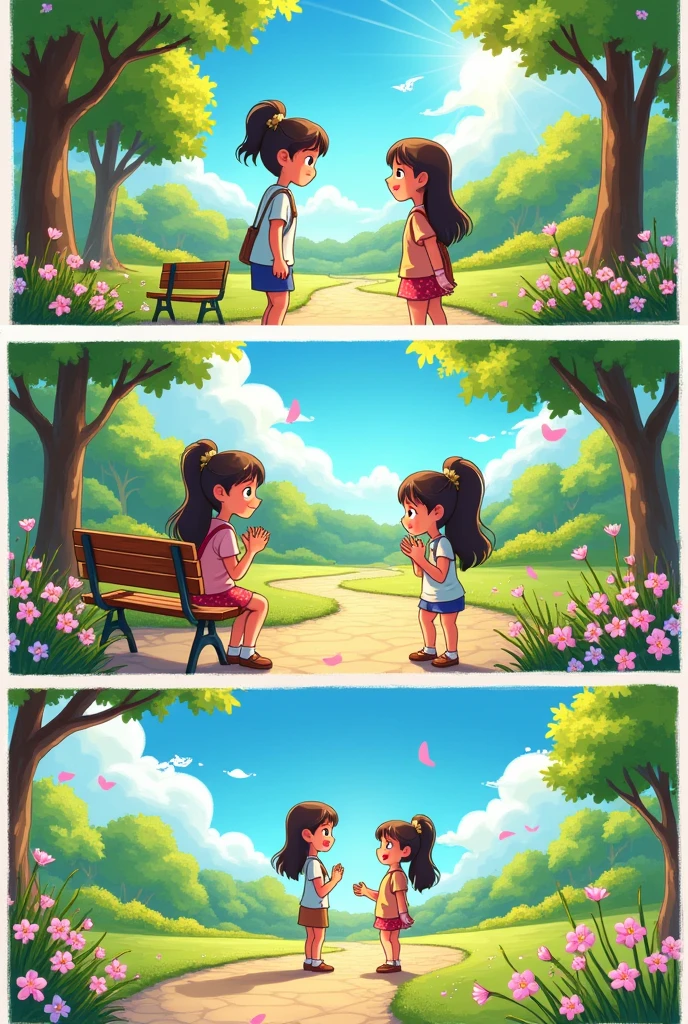 Generate an image of this comis strips with two girls in a cartoon style
Slide 1:
Panel 1: Person A and Person B are standing facing each other in a park.
Slide 2:
Panel 1: Person A and Person B are sitting on a bench, continuing their conversation.
Slide 3:
Panel 1: Person A and Person B are walking along a path in the park.
Slide 4:
Panel 1: Person A and Person B are now parting ways, waving goodbye.