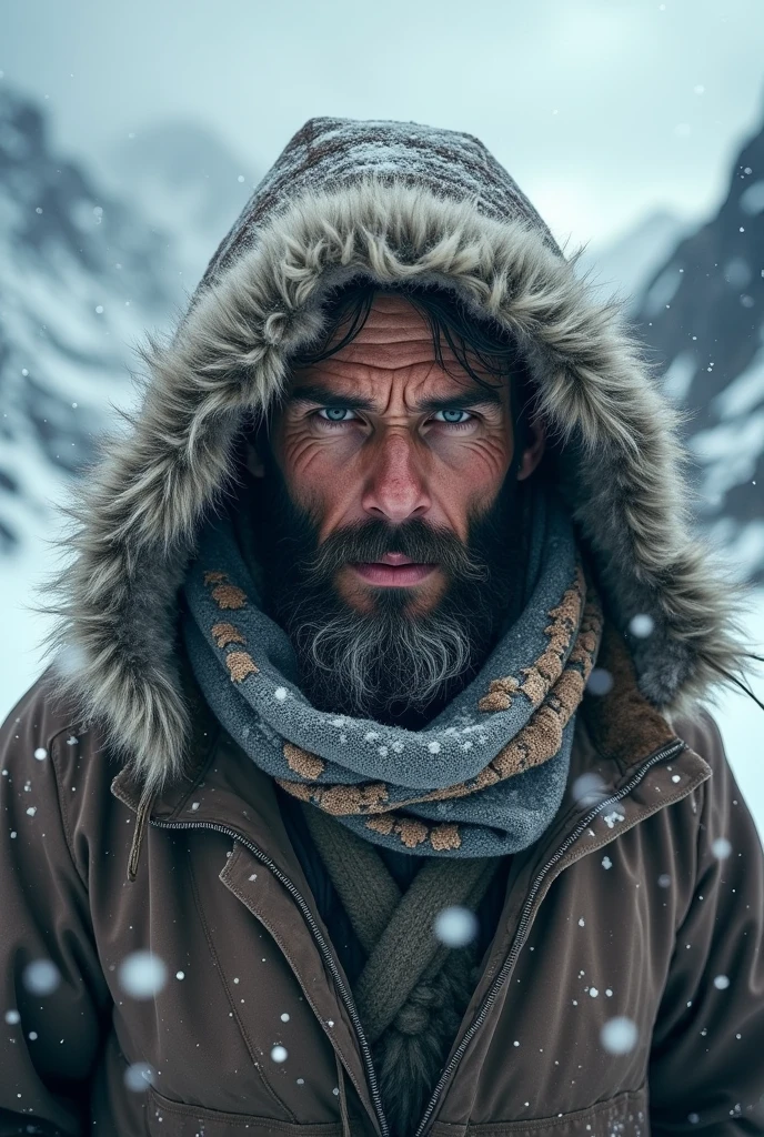 Thin but athletic bearded mountain man Homeless hooded cloak, survive in the artic storm, snow, 3D effect ultra-detailed intricate insanely full HD, full body portrait, hyperrealist artwork, photorealistic, golden ratio, volumetric modeling, spotlight embroidery, accents, intense gaze, digital painting cinematic film light, expressive eyes, a bearded man wearing a winter hat and scarf in front of a snowy mountain range, a character portrait, photorealism, 8k artistic portrait photography, cinematic realistic portrait, highly detailed vfx portrait, cinematic shot epic portraits, portrait of a rugged ranger, portrait of an adventurer, clad in weathered furs, battles fierce snowflakes amidst towering, jagged peaks, with a dramatic gray sky overhead, capturing the essence of resilience in a harsh, wintry landscape. Expressive eyes, 3D effect ultra-detailed intricate insanely full HD, golden ratio, volumetric modeling, spotlight embroidery, accents, intense gaze, digital painting cinematic film light, , aerial shot, macro shot