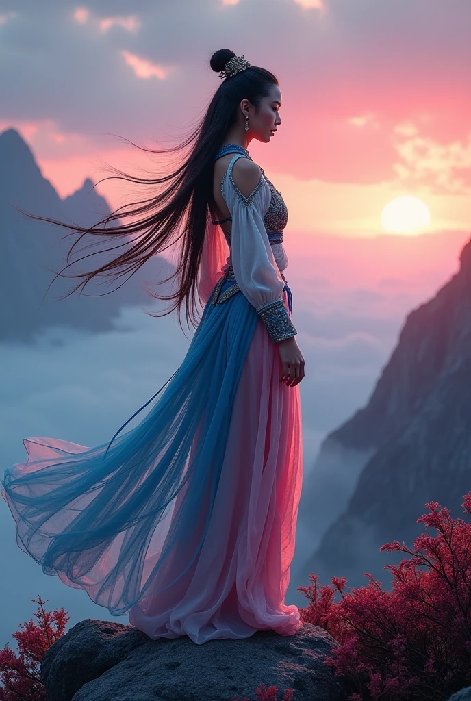 (photorealism:1.2), beautiful woman, standing on top of a mountain , wearing ancient chineese goddess top, battle pants,boue and pink attire , long bound hair, soft lightning effect , bloody plants in background, ready to battle pose, realistic, intricate details, ultra Colors,