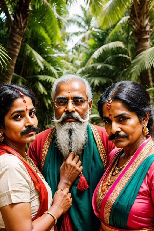 group of Indian old women wearing sarees having beard and moustache