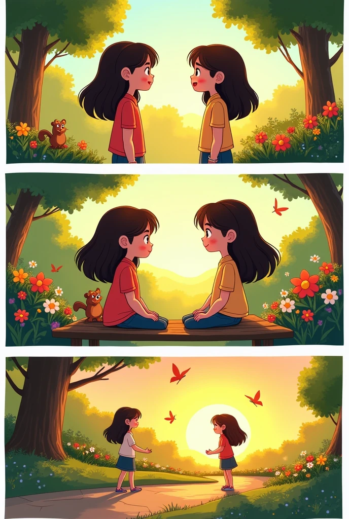 Generate an image of this comis strips with two same girls in a cartoon style
Slide 1:
Panel 1: Person A and Person B are standing facing each other in a park.
Slide 2:
Panel 1: Person A and Person B are sitting on a bench, continuing their conversation.
Slide 3:
Panel 1: Person A and Person B are walking along a path in the park.
Slide 4:
Panel 1: Person A and Person B are now parting ways, waving goodbye.