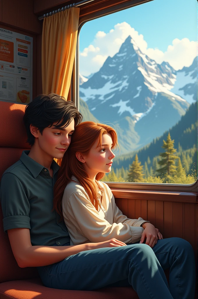 A girl and a boy are sitting in a train compartment, the girl is lying on the boy's lap and the mountains are visible from the window.