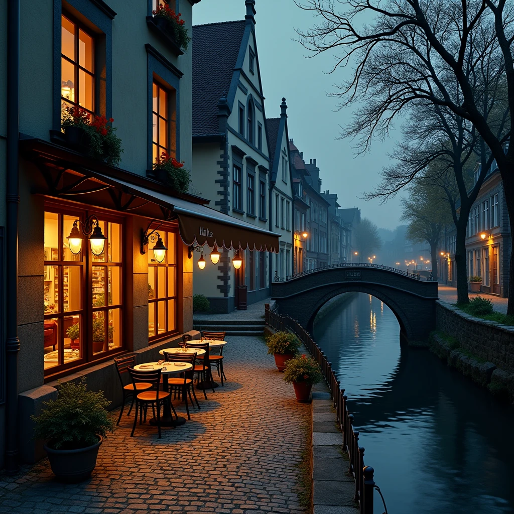 Wanting a scene of an open-air cafe by a river in a small European town，There's a small arch bridge nearby，Jazz music playing，It's dark but the shop and tables are radiating warm light