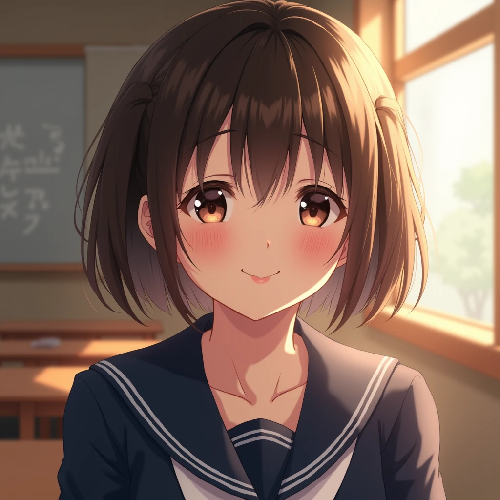 best quality, face focus, soft light, ultra high res, (photorealistic:1.4), RAW photo, 1japanese girl, 独奏, cute, (shy smile:0.5), (brown eyes, lights in the eyes), detailed beautiful face, (small chest),(high resolution detail of human skin texture), (short bob hair), BREAK, in classroom,navy school uniform, Vest, skirtBlushing, Open your mouth, Twin tails, High-resolution model, Blushing, Large Breasts,