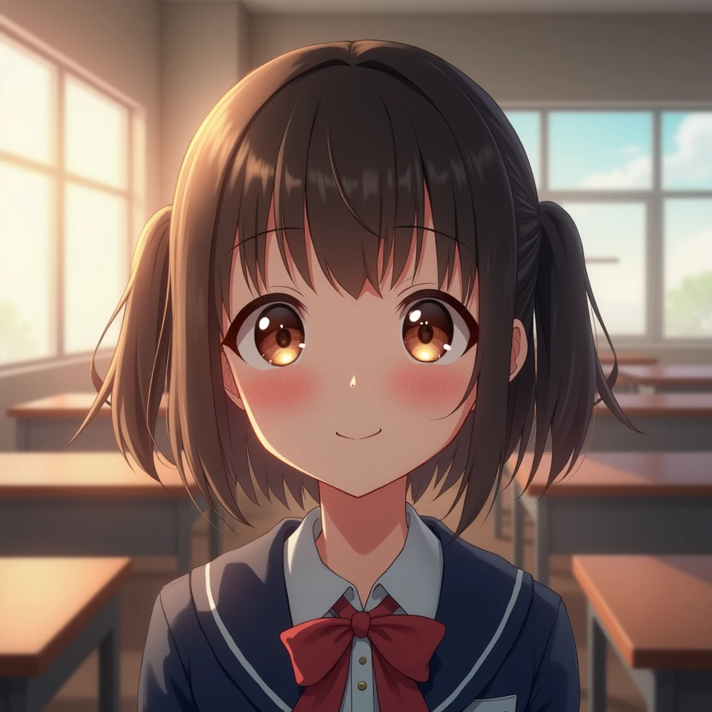 best quality, face focus, soft light, ultra high res, (photorealistic:1.4), RAW photo, 1japanese girl, 独奏, cute, (shy smile:0.5), (brown eyes, lights in the eyes), detailed beautiful face, (small chest),(high resolution detail of human skin texture), (short bob hair), BREAK, in classroom,navy school uniform, Vest, skirtBlushing, Open your mouth, Twin tails, High-resolution model, Blushing, Large Breasts,