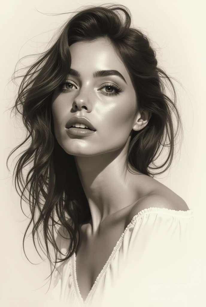beautiful young woman, 1woman, knee shot, 22 years old, charcoal drawing, sepia, white background, (best quality,4k,8k,highres,masterpiece:1.2),ultra-detailed,(realistic,photorealistic,photo-realistic:1.3),vermeer style,chiaroscuro lighting,detailed facial features,beautiful eyes,long eyelashes,delicate skin,flowing hair