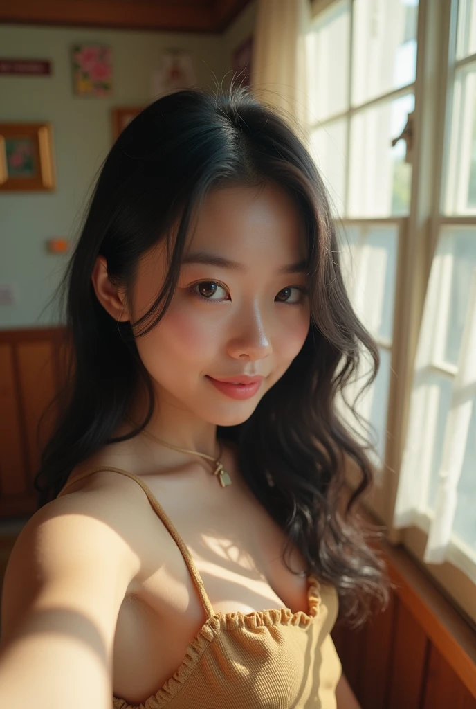 Black Hair、Long Hair、Japanese women、The cleavage is visible、Inside the house、Selfie style、summer、Her chest is a C cup、Fair skin、sexy