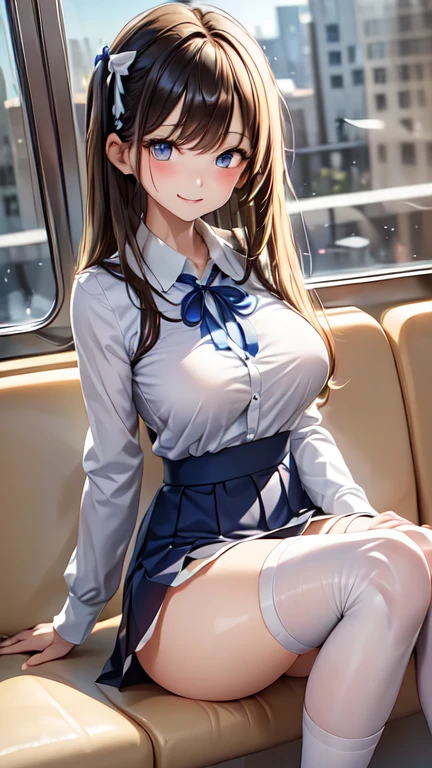 (Highest quality)), ((masterpiece)), (detailed),Natural light pouring in through the window, ((Full body shot 1.5)),A woman sitting with her legs apart on a train seat,,(((There are many people around her..5))),のBeautiful woman,,A woman smiling with her mouth open,The look of temptation,Very sexy,(((Big Breasts,Wearing a fully white shirt with a collar.8,A navy blue ribbon around the neck,Wearing a very short navy blue mini skirt.8))),((Wearing white knee-high socks..2)),
Beautiful woman,Beautiful Face,Big eyes,Beautiful Eyes,Beautiful double eyelids,Beautiful teeth alignment,A beautiful body line with a small face and an 8-head body proportion,Slender body,Beautiful Hands,Beautiful legs,Long hands,Long legs,Long and supple hair,Shiny black hair,Full body shot 1.4,Embarrassed expression,Blushing with a shy smile,mouth half open,Woman sitting with legs spread,(((Emphasis on white panties))),