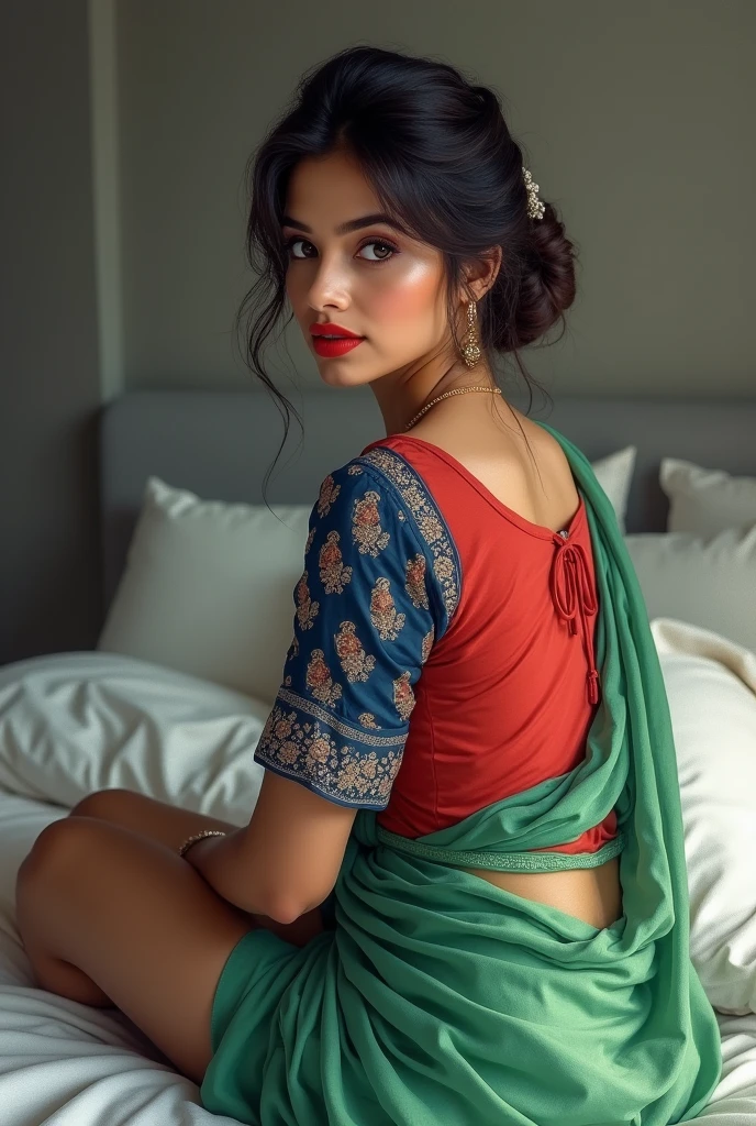 perfect pink eyes, fantastic face, Indian, beautiful look, ((red lips, bright eyes, curve heir 1.5)), ((beautiful details very big breast )), (Straight round and ultra huge clevage, not sagging breast), A glorious gorgeous, glorious gorgeous face, pretty face, bright eyes, detailed elegant printed Blue blouse green saree, updo elegant hair, blurred gray tones background, ultra focus, face ilumined, face detailed, 8k resolution, painted, dry brush, brush strokes, razumov style and garmash style, by Tokaito,  ((Full Open ))((, pillows, bedsheet))((green pyjamas shorts, red tshirt))((looking back, backside, POV from back)) round buttocks,