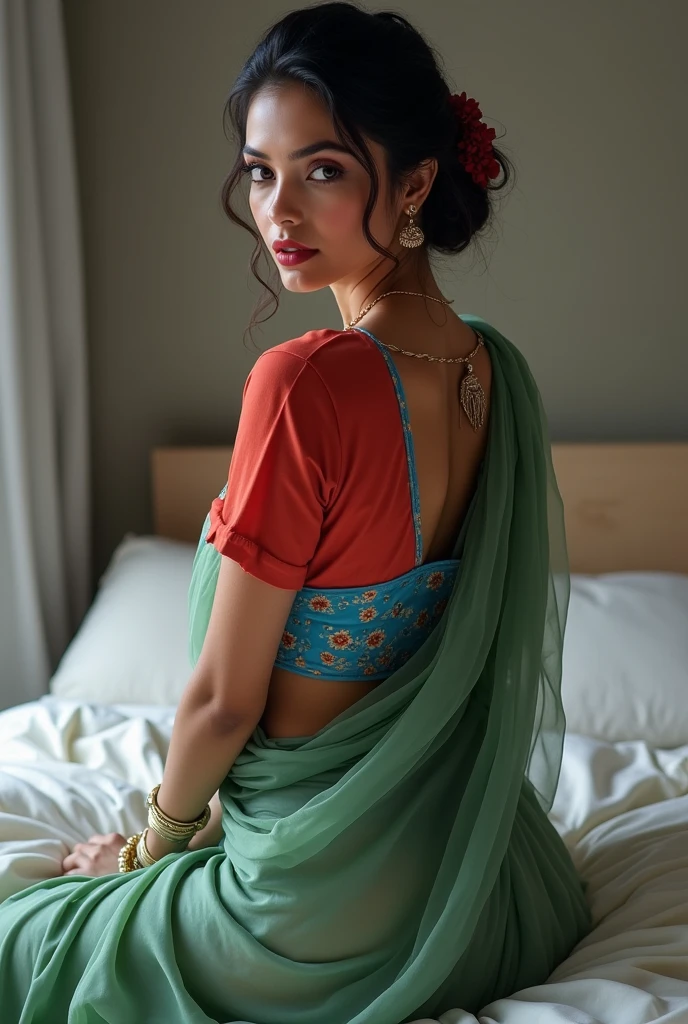 perfect pink eyes, fantastic face, Indian, beautiful look, ((red lips, bright eyes, curve heir 1.5)), ((beautiful details very big breast )), (Straight round and ultra huge clevage, not sagging breast), A glorious gorgeous, glorious gorgeous face, pretty face, bright eyes, detailed elegant printed Blue blouse green saree, updo elegant hair, blurred gray tones background, ultra focus, face ilumined, face detailed, 8k resolution, painted, dry brush, brush strokes, razumov style and garmash style, by Tokaito, ((Full Open ))((, pillows, bedsheet))((green pyjamas shorts, red tshirt))((looking back, backside, POV from back)) round buttocks,