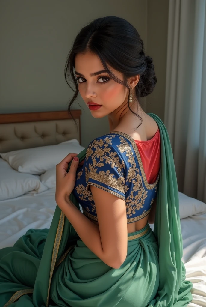 perfect pink eyes, fantastic face, Indian, beautiful look, ((red lips, bright eyes, curve heir 1.5)), ((beautiful details very big breast )), (Straight round and ultra huge clevage, not sagging breast), A glorious gorgeous, glorious gorgeous face, pretty face, bright eyes, detailed elegant printed Blue blouse green saree, updo elegant hair, blurred gray tones background, ultra focus, face ilumined, face detailed, 8k resolution, painted, dry brush, brush strokes, razumov style and garmash style, by Tokaito, ((Full Open ))((, pillows, bedsheet))((green pyjamas shorts, red tshirt))((looking back, backside, POV from back)) round buttocks,