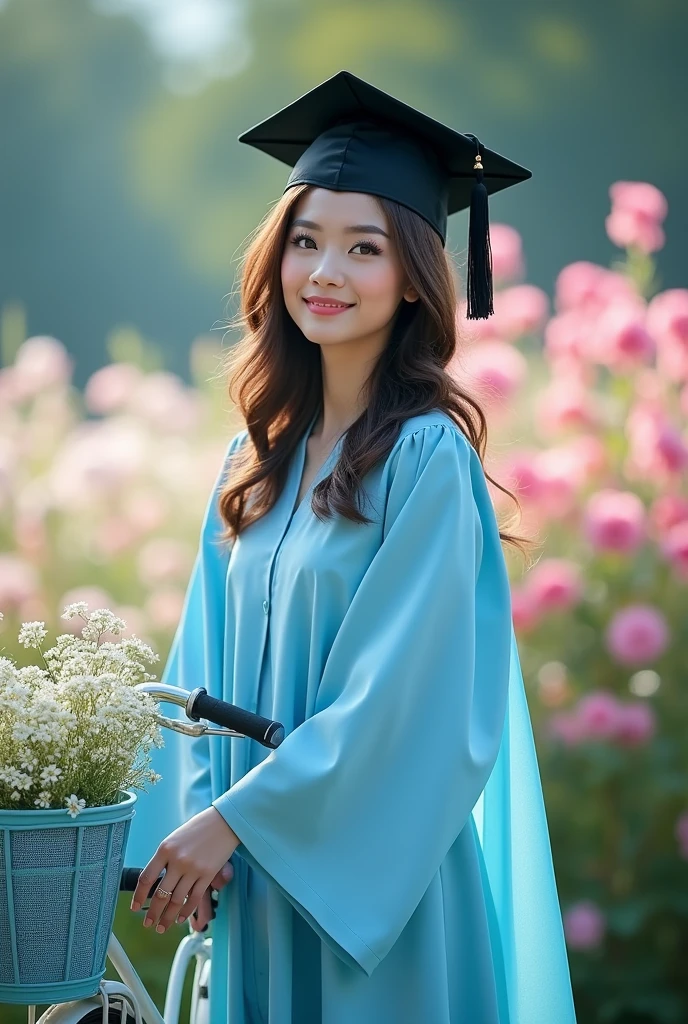 Consept art photography, fan art photography, a women, wearing hijab, wearing black graduation hat, Wearing pastel blue graduation gown, pastel blue theme background, Standing pose, bicycle background with blue flower basket Beside , flower garden background,blue lighting effect,bright results, perfect pose, bokeh