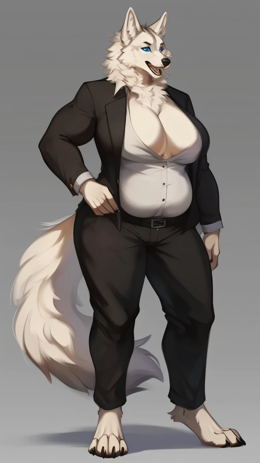 Masterpiece, hi res, absurdres, Best Quality, 4K, detailed, HD,By lvlirror, by honovy, by foxovh, by bebebebebe, solo, female, (muscular, tall broad shoulders), big breasts, biceps, open mouth, smiling, wolf, canine, short hair, standing, realistic, rendered, shaded, expert shading, hi-res, very detailed image, milf, slightly chubby, plump, button up shirt, black blazer, black pants, fullbody view, white fur, blue eyes