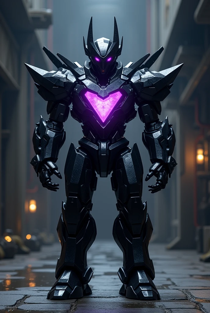 purple inner energy, jet-black crystal like jagged body, triangle shaped mechanoid with no legs
