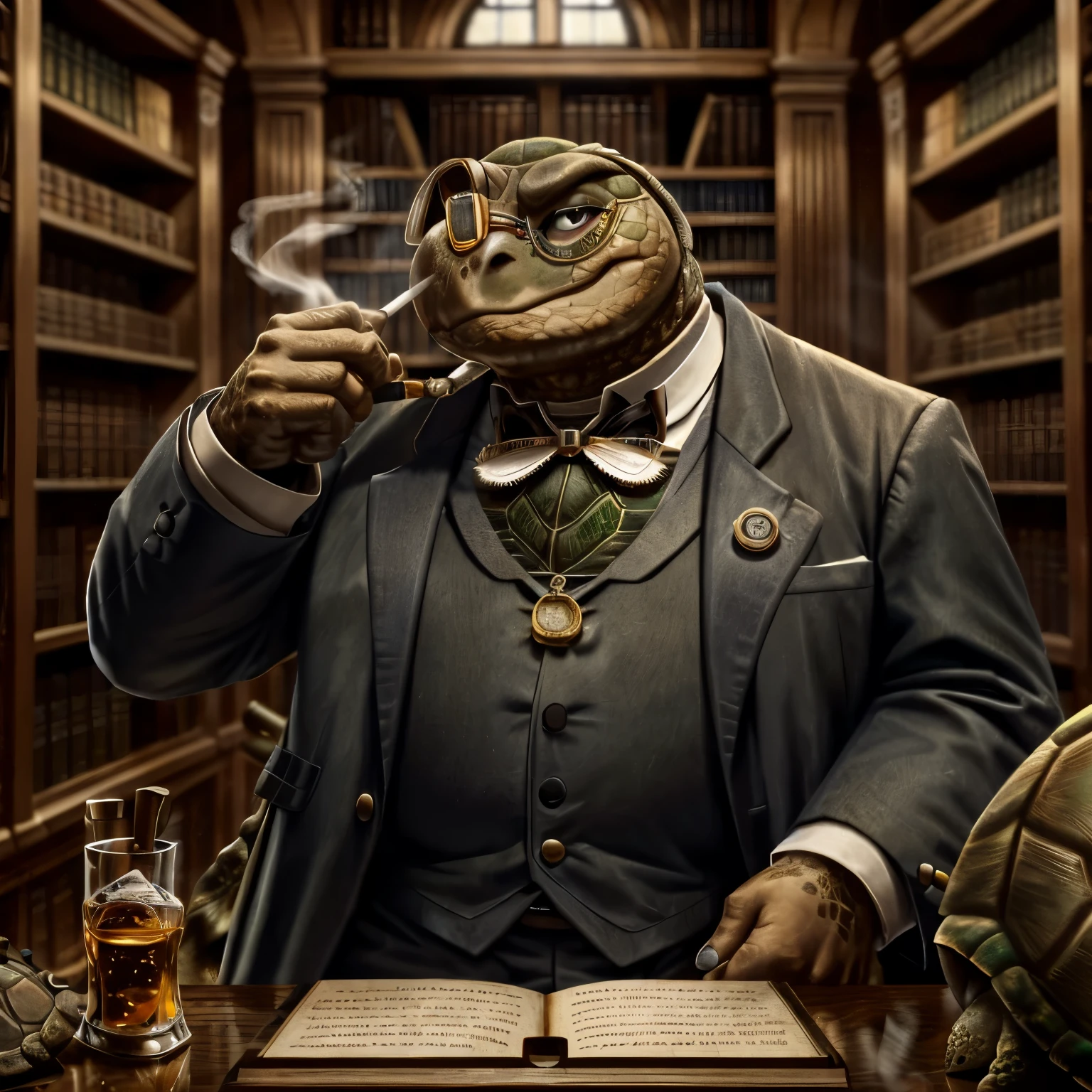(((a tortoise))) in an old oak panelled library study, with old Victorian clothes on, (((wearing a monocle on left eye))), smoking a pipe, holding a glass of single malt whiskey, pocket_watch _in_right_pocket