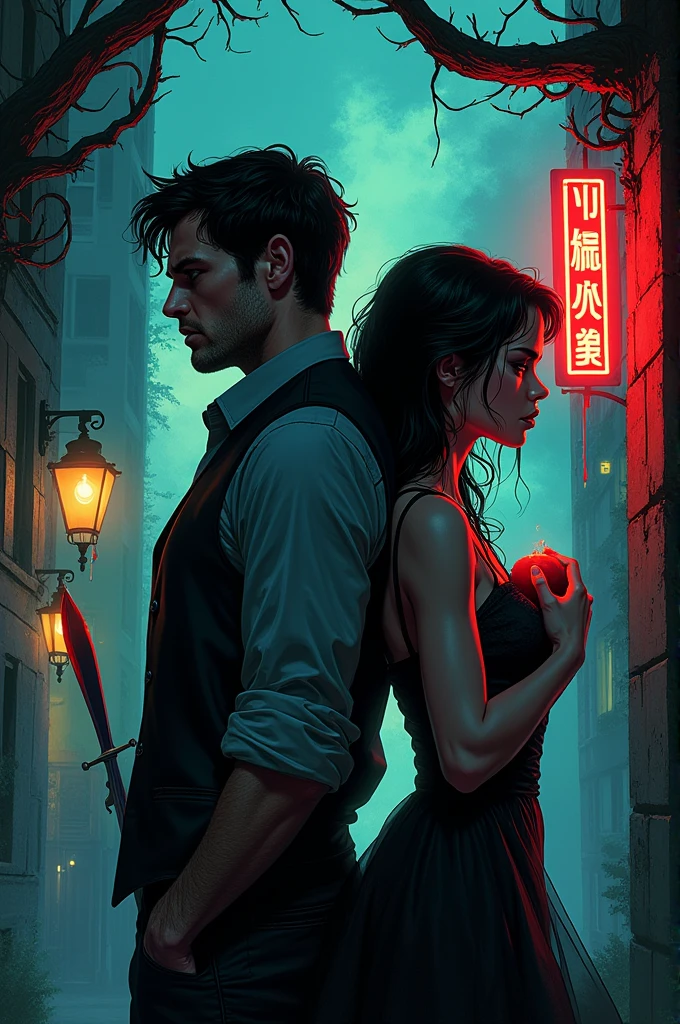 A beautiful and delicate image. Toxic love full of manipulation and deceit. Broken and betrayed heart. Sad man and woman stabbing each other in the back because of infidelity.