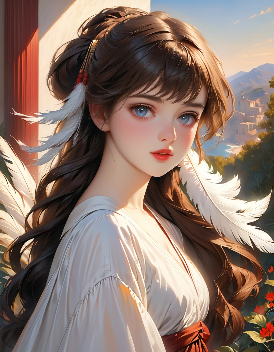 a beautiful 20 year old girl, detailed face, intense eyes, lush lips, flowing hair, elegant pose, holding a feather, classical academic portrait painting style, warm lighting, rich colors, oil painting, masterpiece, museum quality, Eugene De Blaas, John William Godward, Bouguereau