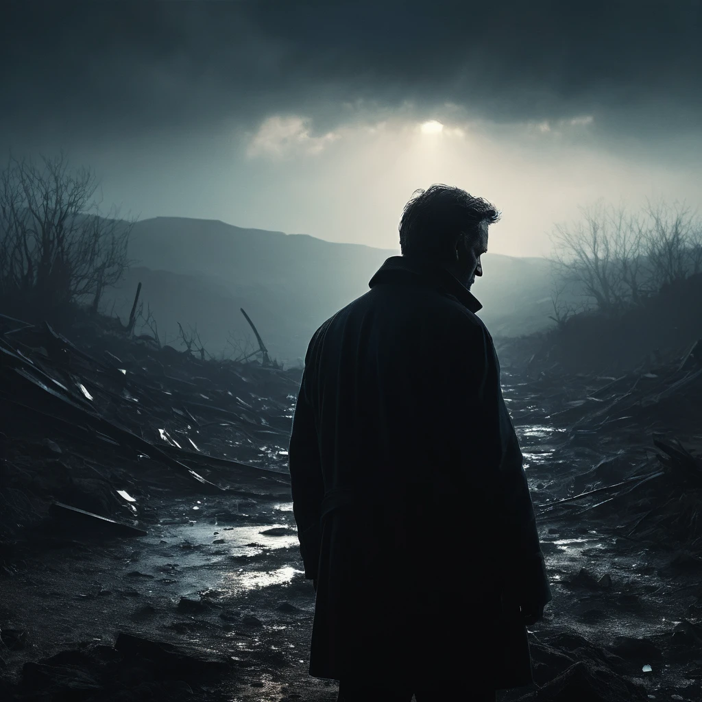 a man in a dark and somber landscape, (best quality,4k,8k,highres,masterpiece:1.2),ultra-detailed,(realistic,photorealistic,photo-realistic:1.37),dramatic lighting,cinematic composition,melancholic atmosphere,moody lighting,cold color palette,shattered glass,scattered ashes,fading sunlight,silhouetted figure,searching expression,emotional portrait,pensive mood,atmospheric,dramatic shadows,painterly style,expressive brushstrokes,emotive,wistful,haunting,poetic