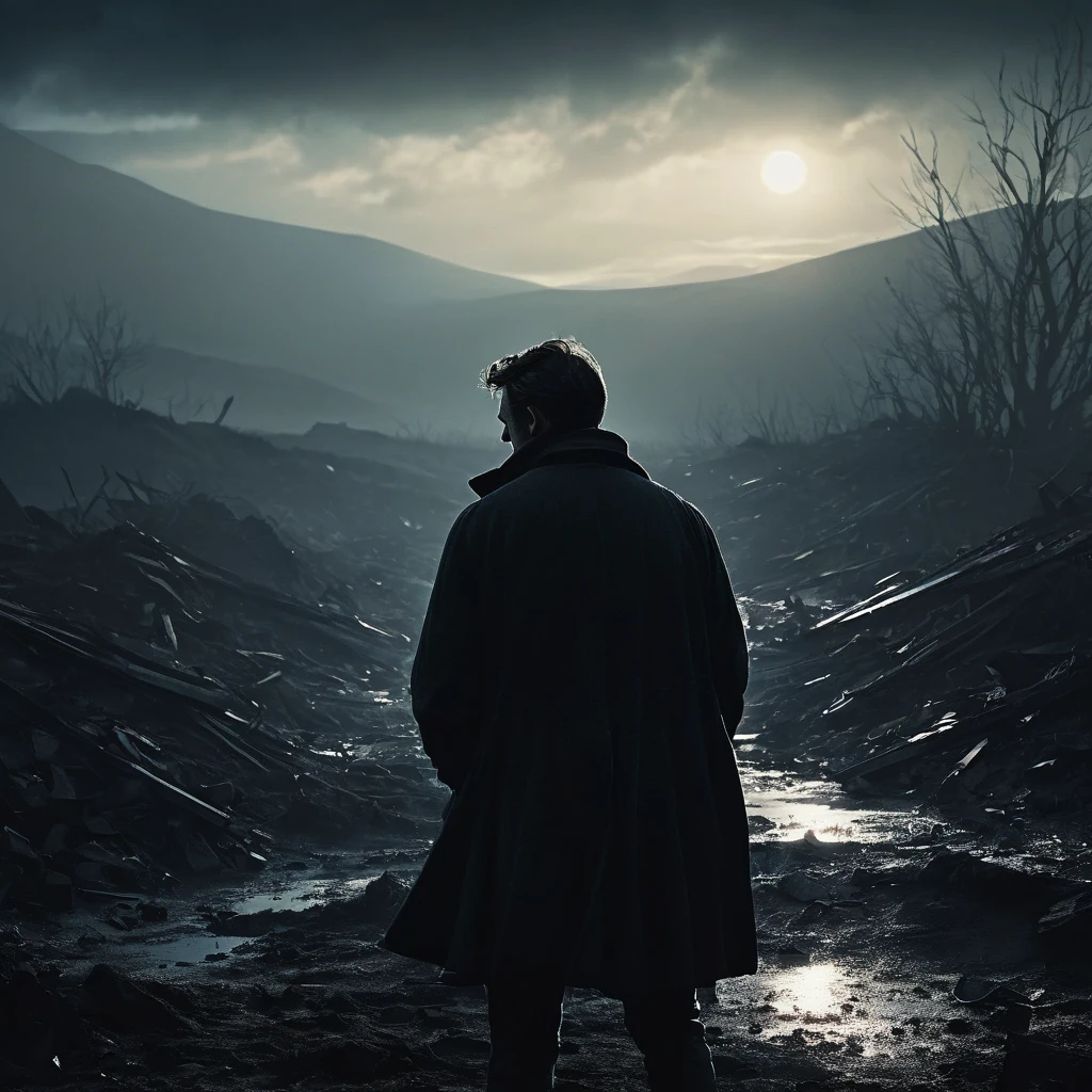 a man in a dark and somber landscape, (best quality,4k,8k,highres,masterpiece:1.2),ultra-detailed,(realistic,photorealistic,photo-realistic:1.37),dramatic lighting,cinematic composition,melancholic atmosphere,moody lighting,cold color palette,shattered glass,scattered ashes,fading sunlight,silhouetted figure,searching expression,emotional portrait,pensive mood,atmospheric,dramatic shadows,painterly style,expressive brushstrokes,emotive,wistful,haunting,poetic