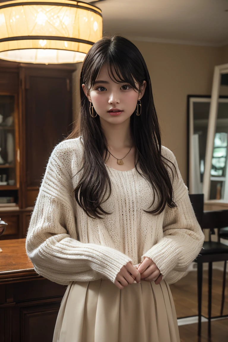 (Highest quality:1.4),(masterpiece:1.4),(Realistic:1.4),(Realistic:1.2),(超High resolution, RAW Photos:1.4),(High resolution, Ultra-detailed:1.2),(8k:1.2),View your viewers,Cinematic photography,One person,skeletally correct,Black-haired woman,Woman in her early 20s,(Small earrings,necklace,White shaggy knitwear,Beige tight lace long skirt),(Western-style building interior,Dimly lit room,The lamplight shines on my cheeks)