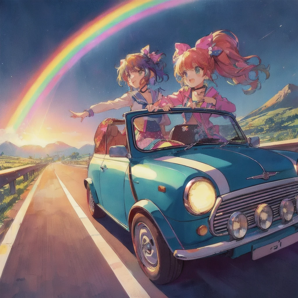 anime, Two, car, Mini Cooper,rainbow, rainbow, rainbow, rainbow, rainbow, rainbow, rainbow, rainbow, rainbow, rainbow, rainbow, rainbow, rainbow, art deco outrun anime aesthestic, 8 0 s anime art style, 8 0 s anime vibe, rainbow road, 80年代のanimeスタイル, anime style 4 k, 9 0 s anime art style, OutRun art style