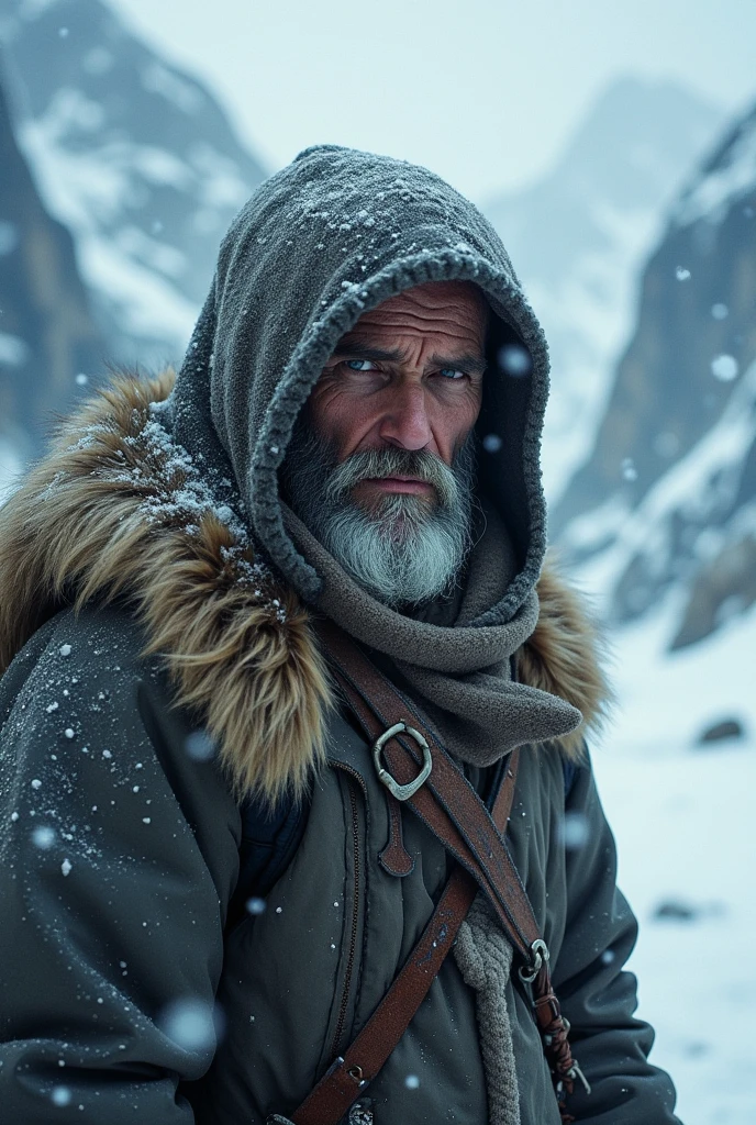 Thin but athletic bearded mountain man hooded cloak, survive in the artic storm, snow, 3D effect ultra-detailed intricate insanely full HD, full body portrait, hyperrealist artwork, photorealistic, golden ratio, volumetric modeling, spotlight embroidery, accents, intense gaze, digital painting cinematic film light, expressive eyes, a bearded man wearing a winter hat and scarf in front of a snowy mountain range, a character portrait, photorealism, 8k artistic portrait photography, cinematic realistic portrait, highly detailed vfx portrait, cinematic shot epic portraits, portrait of a rugged ranger, portrait of an adventurer, clad in weathered furs, battles fierce snowflakes amidst towering, jagged peaks, with a dramatic gray sky overhead, capturing the essence of resilience in a harsh, wintry landscape. Expressive eyes, 3D effect ultra-detailed intricate insanely full HD, golden ratio, volumetric modeling, spotlight embroidery, accents, intense gaze, digital painting cinematic film light, , aerial shot, macro shot