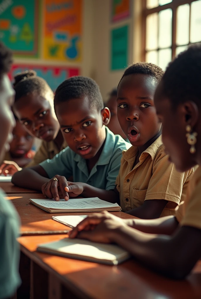 A picture of students in Kenya angry with a sudanese student with body markings and pierced earlobes in a classroom