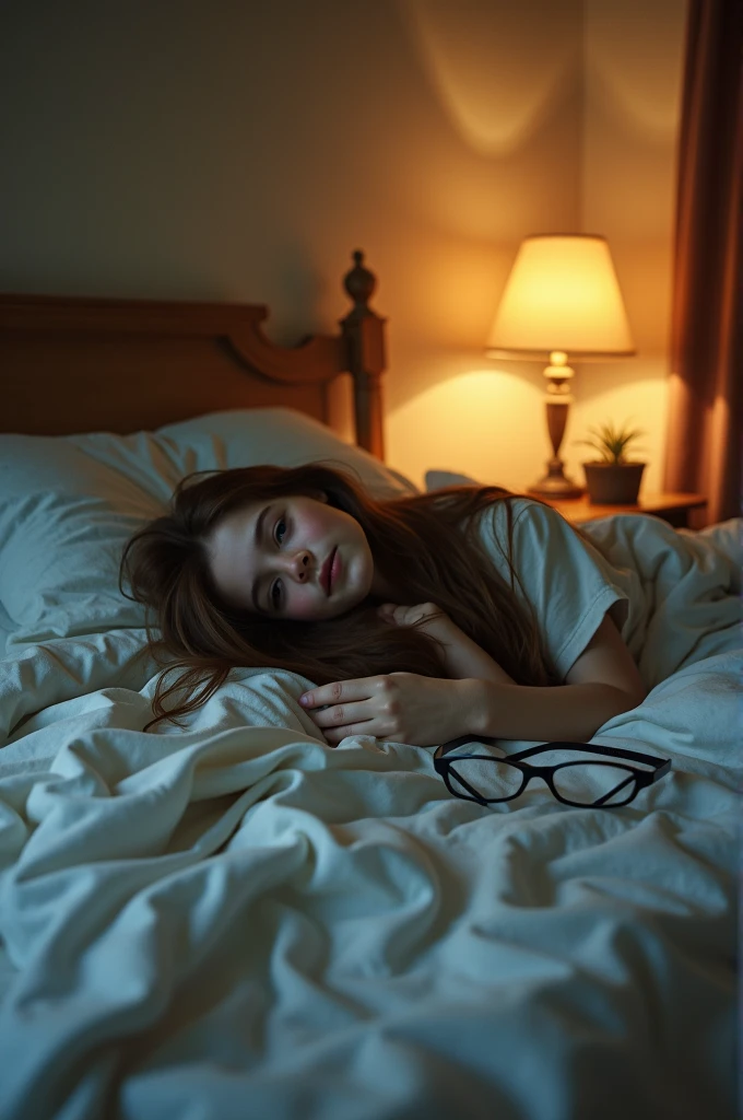 a girl without choth in bed her leg 90 degree bend in edges of bed and her eye glass was broken 