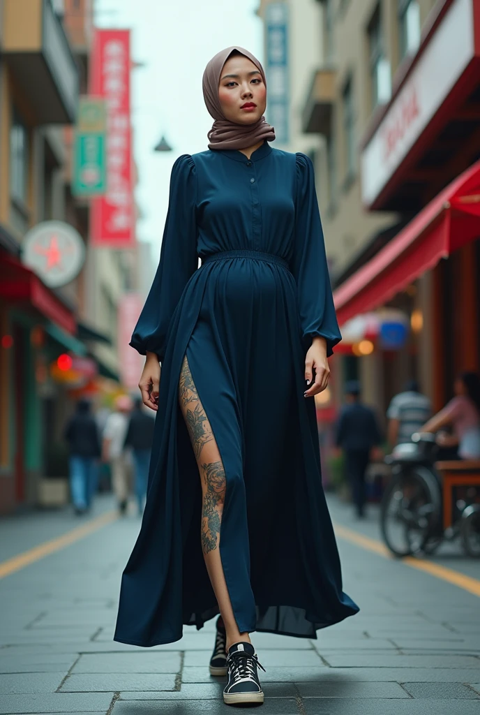 ((best quality)), ((masterpiece)), (detailed), perfect face, araffe woman in a dark-blue dress walking down a street, thicc, she has a jiggly fat round belly, bbwchan, wearing dress, skinny waist and thick hips, widest hips, her belly is fat and round, soft curvy shape, hyperrealistic full figure, wearing a cute dress , wide hips, cropped shoulders,Bare belly,(big assa:0.7),show legs,, thicc, beautiful thick female, beautiful curvy female,, Tall and tall,clear curvy details, curvy hourglass figure, alluring plus sized model, bbwchan, Voluptious body, Curvy model, Curvy body, Be red in the face, 1girll, a matural female, A MILF, the golden ratio,(Kpop idol),(Oil skin:0.72),(Oil skin:1.1), iremuzi tattoos on thighs, big tattoo on thighs, japanese goddess , korean Goddess , milky white skin, wearing hijab clothes, wearing sneakers