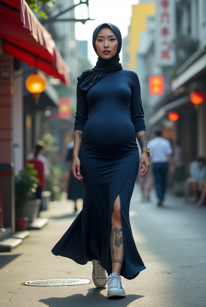 ((best quality)), ((masterpiece)), (detailed), perfect face, araffe woman in a dark-blue dress walking down a street, thicc, she has a jiggly fat round belly, bbwchan, wearing dress, skinny waist and thick ????, widest ????, her belly is fat and round, soft curvy shape, hyperrealistic full figure, wearing a cute dress , wide ????, cropped shoulders，???? belly,(big assa:0.7),show legs,, thicc, beautiful thick female, beautiful curvy female,, Tall and tall，clear curvy details, curvy hourglass figure, alluring plus sized model, bbwchan, Voluptious body, Curvy model, Curvy body, Be red in the face, 1girll, a matural female, A MILF, the golden ratio,(Kpop idol),(Oil skin:0.72),(Oil skin:1.1), iremuzi tattoos on thighs, big tattoo on thighs, japanese goddess , korean Goddess , milky white skin, wearing hijab clothes, wearing sneakers 